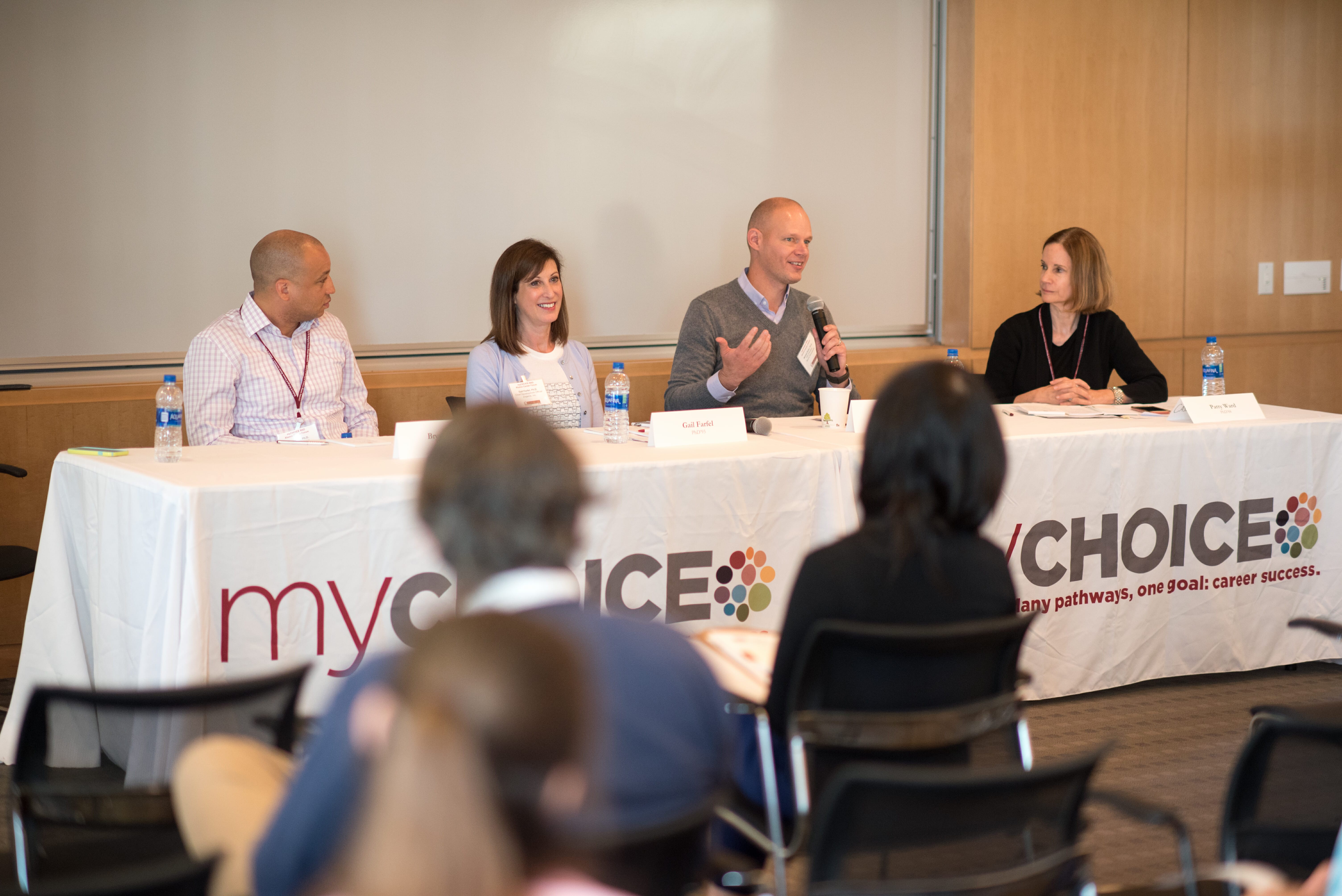 Panelists speak at the myCHOICE BSD Alumni Career Forum in 2018.