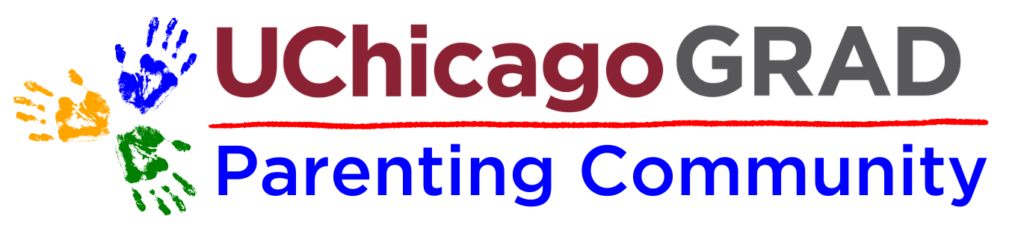 UChicagoGRAD Parenting Community Logo (on the left, three handprints in yellow, blue, and green)