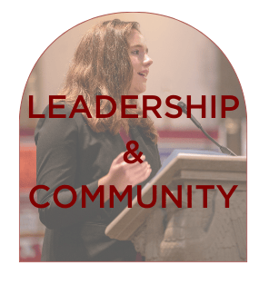 Arch frame showing orientation speech - red LEADERSHIP & COMMUNITY text overlaid