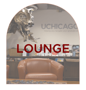 Arch frame showing chairs and gargoyle - red LOUNGE text overlaid